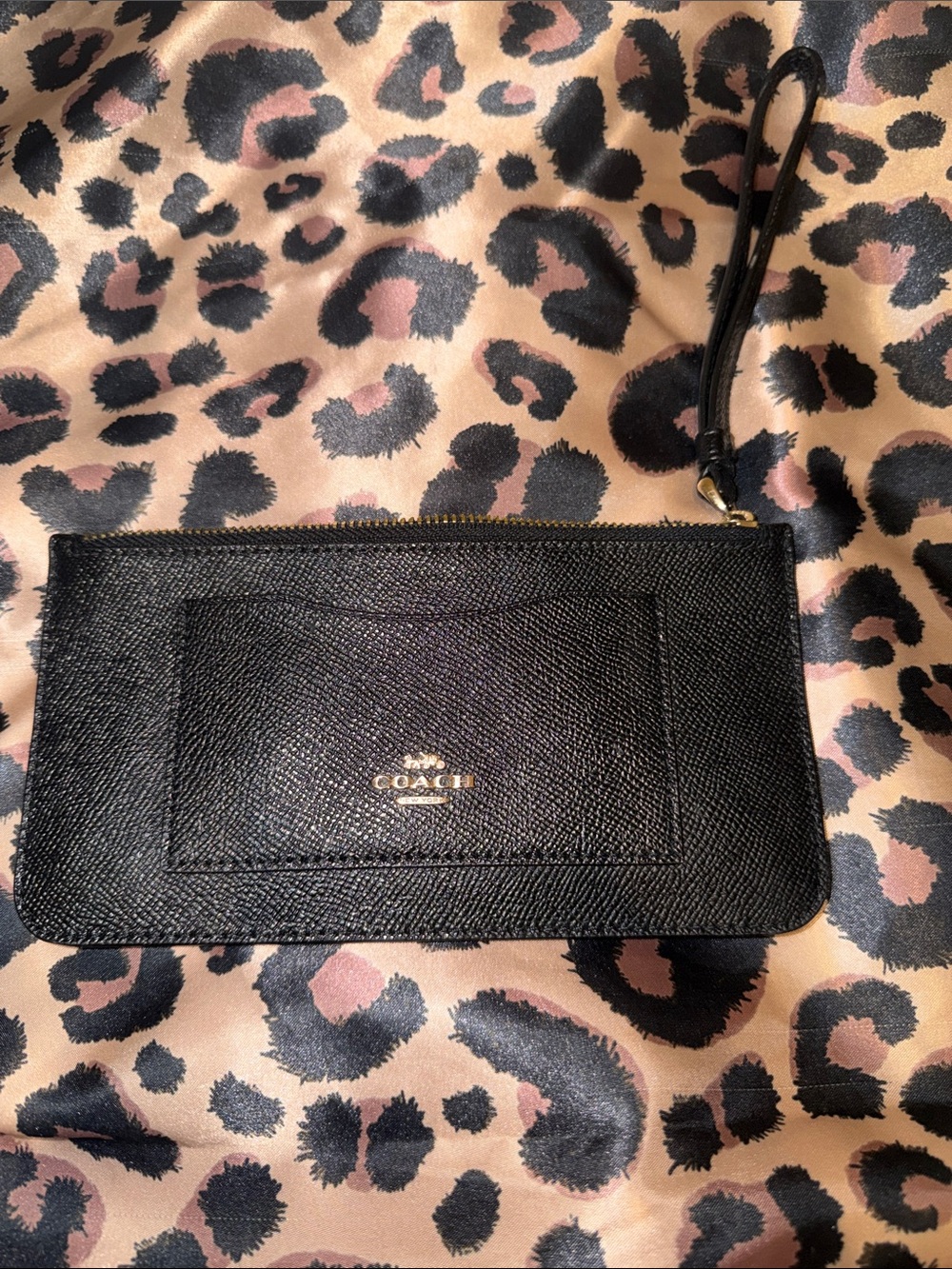 Coach Black Leather Wristlet Clutch with Gold Logo